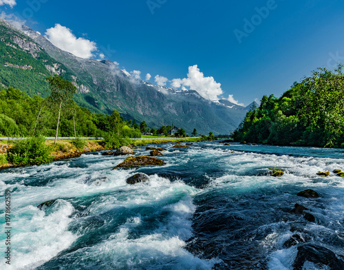 Laukifossen in Norwegian Landscape near Olden