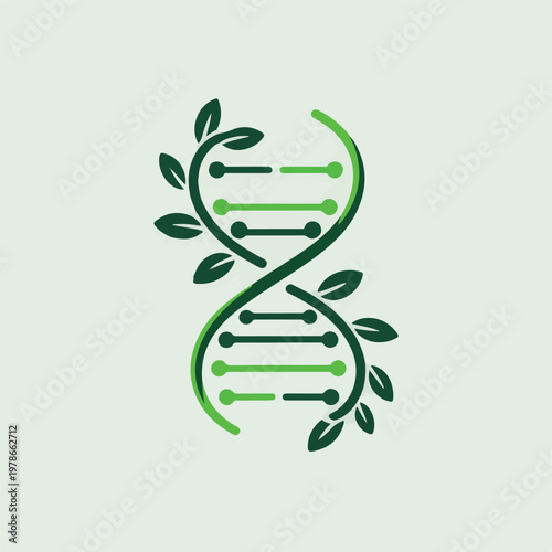Green DNA double helix spiral integrated with organic leaves.