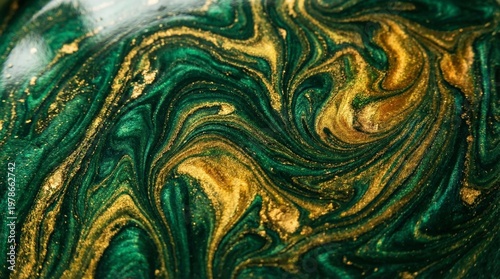 A vibrant green and gold marbled pattern swirls dynamically on a surface.