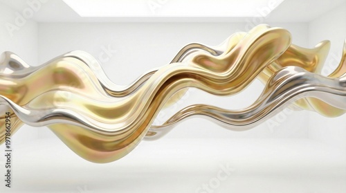 Wavy metallic ribbons flow through a modern white room interior with gold and silver hues.