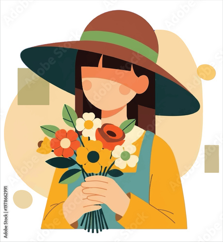Charming Illustration of a Woman in a Sun Hat Holding a Vibrant Bouquet of Flowers Vector Design