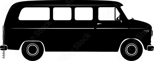 Silhouette of a classic black van with windows on a white background