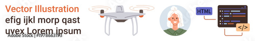 Technology education, programming tutorials, technology reviews, coding courses, web applications, quadcopter innovations. Quadcopter hovering, a woman user interface, and a coding panel with HTML