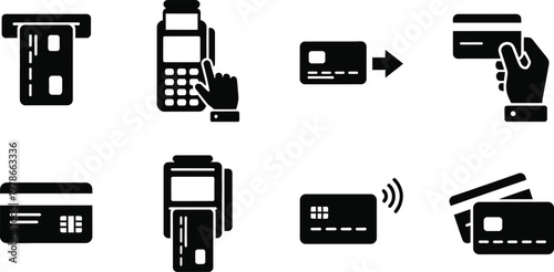 A collection of black and white icons depicting various methods of electronic payment processing and card transactions