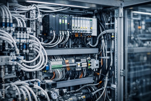 Industrial automation control cabinet with PLC modules and wiring