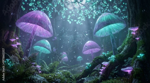 A mystical forest scene depicts glowing purple and green mushrooms growing on mossy trees under a shimmering canopy with sparkling lights.