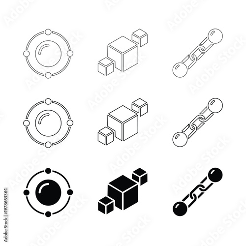 Quantum Computing and Physics Vector Icon Set. Qubit, Entanglement, and Data Block Symbols in Outline and Solid Style.