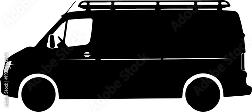 Black silhouette of a commercial cargo van with a roof rack, ideal for transport, delivery, and logistics concepts