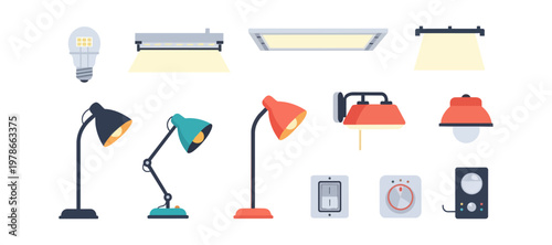 Collection of lamps and lighting fixtures icons on dark background