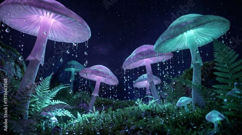 Glowing mushrooms grow in a mystical forest under a starry night sky with lush green foliage and ferns surrounding them