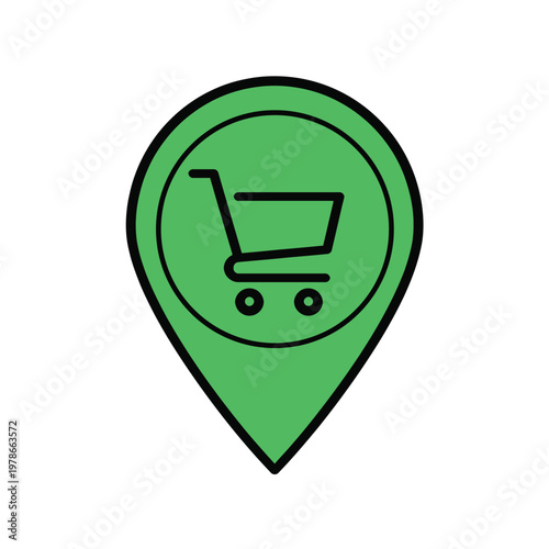 A green map pin icon with a shopping cart inside