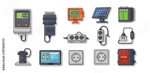 Electronic devices and energy elements in illustration style isolated on black background