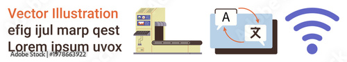 Translation services, technology, connectivity concepts, global communication, AI tools, digital solutions. Icons include a machine, a laptop with a translation visual, and a wireless symbol