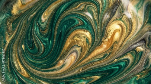 A vibrant green and gold marbled swirl design fills the frame.