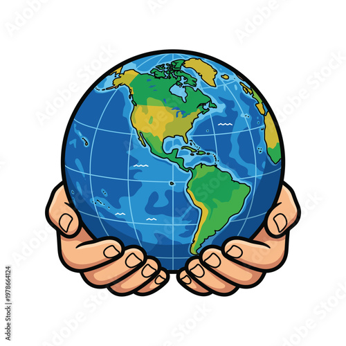 Hands cradling a colorful globe with continents and oceans visible.