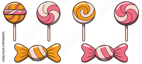 Colorful lollipop and wrapped candy collection sweet sugar confectionery treats vector illustration set isolated on white background, playful sweets icons for candy store branding, children party 