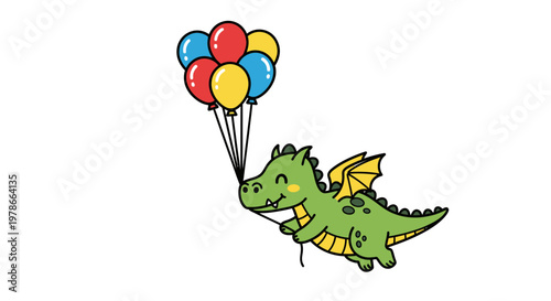 A green dragon flying with colorful balloons.