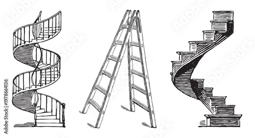 One folding ladder, two spiral staircases, abstract, different, vector hand drawn illustration isolated on white background