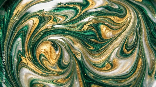A swirling mix of green, gold, and white colors creates a mesmerizing abstract pattern.