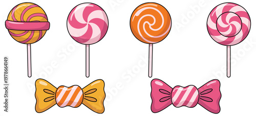 Colorful lollipop and wrapped candy collection, sweet sugar confectionery treats vector illustration set isolated on white background for dessert design, candy shop branding, kids party graphics and 