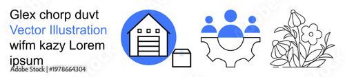 Logistics, teamwork, growth, shipping, warehouse management, community. A warehouse icon, team figure and flower illustration are present. Logistics and teamwork concepts effectively