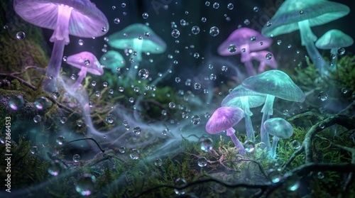 Glowing mushrooms rise from a mystical forest floor surrounded by sparkling particles and lush greenery at night.