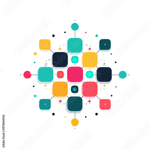 Abstract network of connected nodes and squares