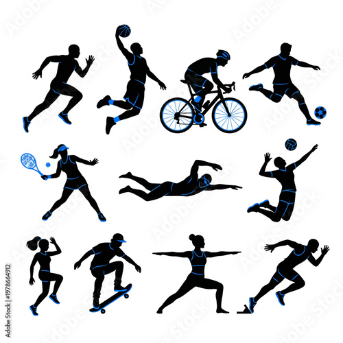 A collection of dynamic sport silhouettes featuring various athletes in action, including running, cycling, and team sports, against a clean white background with a focus on fitness and