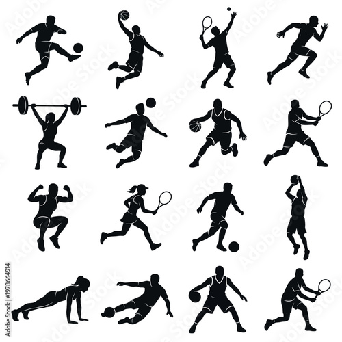 A collection of black silhouettes depicting various sports and fitness activities, including athlete silhouettes, sport icons, and exercise poses, on a clean white background with a focus