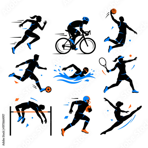 A sport silhouette set featuring various athletes in dynamic poses, including a cyclist, runner, swimmer, and tennis player, against a clean white background with a focus on athletic