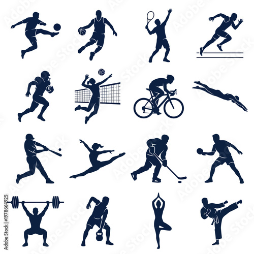 A collection of dark blue silhouettes depicting various athletes engaging in different sports, such as running, cycling, and weightlifting, against a clean white background with a focus on