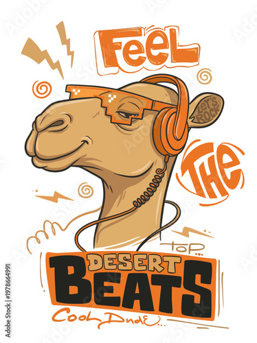 Smiling camel wearing headphones and glasses.