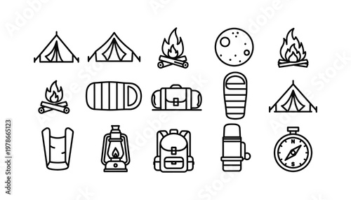 Collection of Camping and Outdoor Adventure Icons for Travel and Recreation