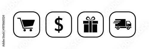 Four simple icons representing shopping, currency, gifts, and fast delivery, useful for e-commerce and online services