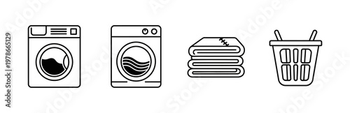 Set of line art icons depicting washing machines, folded towels, and laundry basket for laundry services