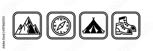 Icons representing outdoor adventure mountains, compass, tent, and hiking boots for camping and exploration
