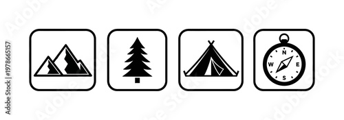 Outdoor adventure icons mountains, evergreen tree, tent, and compass symbolizing camping and exploration activities