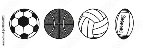 Collection of four different sports balls soccer, basketball, volleyball, and American football, depicted in a black and white illustration