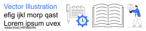 Business planning, learning, innovation, time management, decision making, goal setting. Calendar, pen clock gear book and person with a light bulb. Business planning and learning