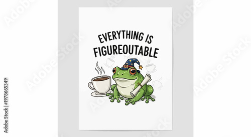 Frog mascot wearing a wizard hat holds a scroll beside a cup of coffee.