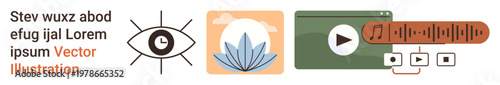 Meditation, music streaming, multimedia, video content, mental peace, creative design. Eye icon, leaf symbol play button audio waveform. Meditation and music streaming displayed clearly