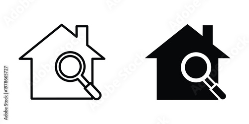 Magnifying glass examining a house icon in different color schemes