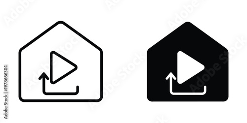 Contrast icons of play button inside house shapes with different background colors