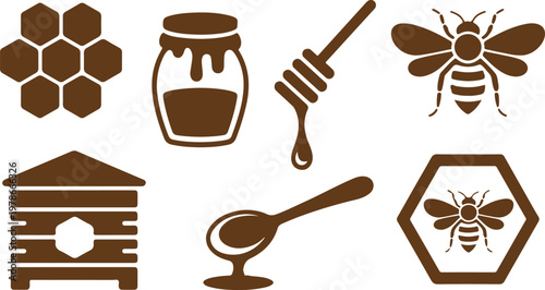 Honey bee icons: hive, jar, honeycomb, honey dipper, spoon, vector