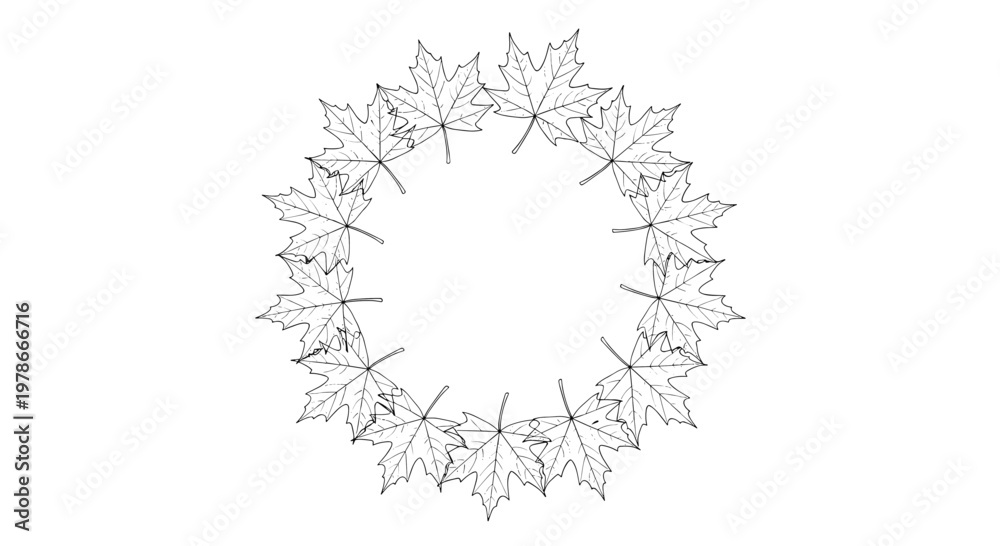 Obraz premium Fall wreath illustration made of several maple leaves arranged in a circle for autumn themed graphic designs.