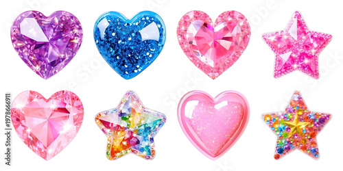 PNG Colorful sparkling heart star gems on transparent background