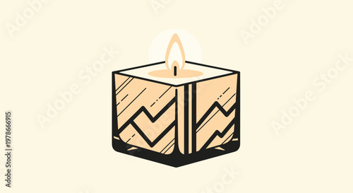 Square decorative candle with geometric zigzag patterns and a glowing flame sits on a light beige background for a modern aesthetic.