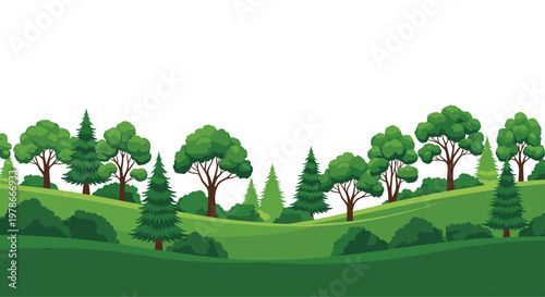 Scenic landscape with rolling green hills and a variety of deciduous and coniferous trees under a white sky offers a peaceful view.