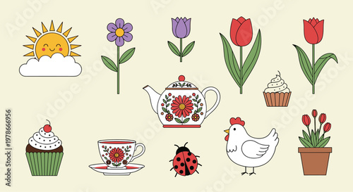 Diverse set of spring and garden-themed icons including flowers, cupcakes, a teapot, a chicken, and a ladybug on a soft yellow background.