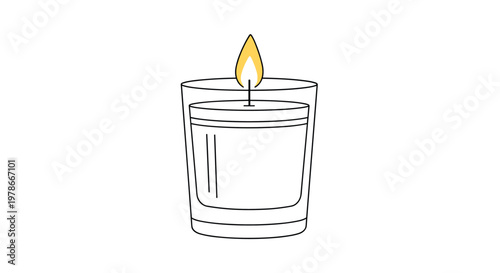 Simple line drawing of a small candle in a clear glass jar features a yellow flame and minimalist black outlines against a white background.
